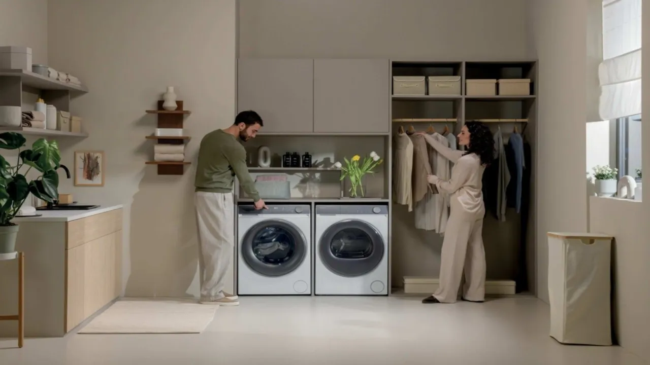 Para dba o ubrania, w tym syntetyki. Pranie w nowoczesnej pralni z dwiema pralkami i suszarką.