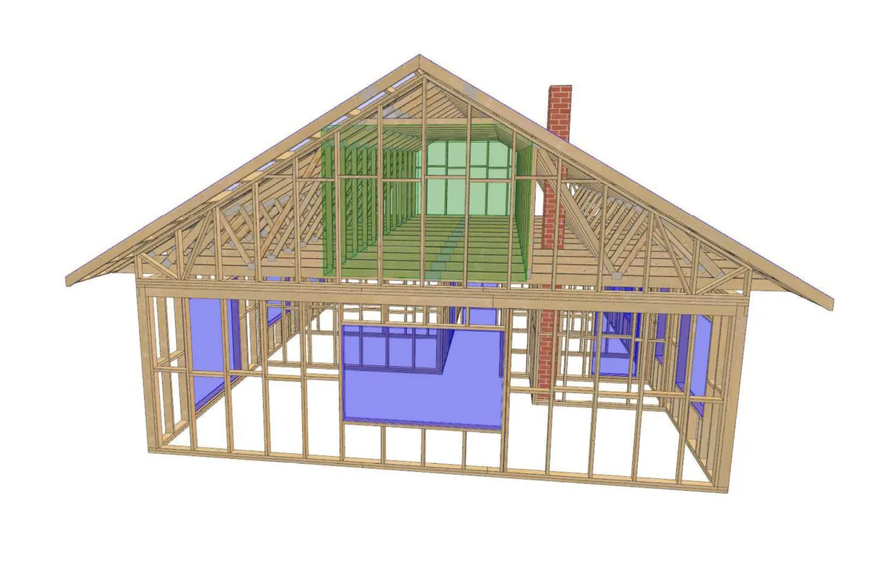Widok przekroju domu szkieletowego z widocznymi elementami konstrukcyjnymi, oknami (niebieskie) i wewnętrznymi ścianami (zielone). Pokazuje, ile wytrzyma dom szkieletowy.