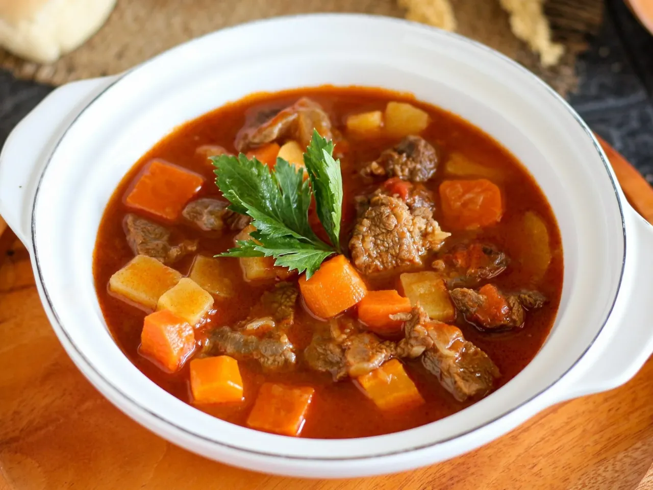 Gulasz wieprzowy z marchewką i ziemniakami, idealny na obiad. Pyszny sos z mięsa wieprzowego.