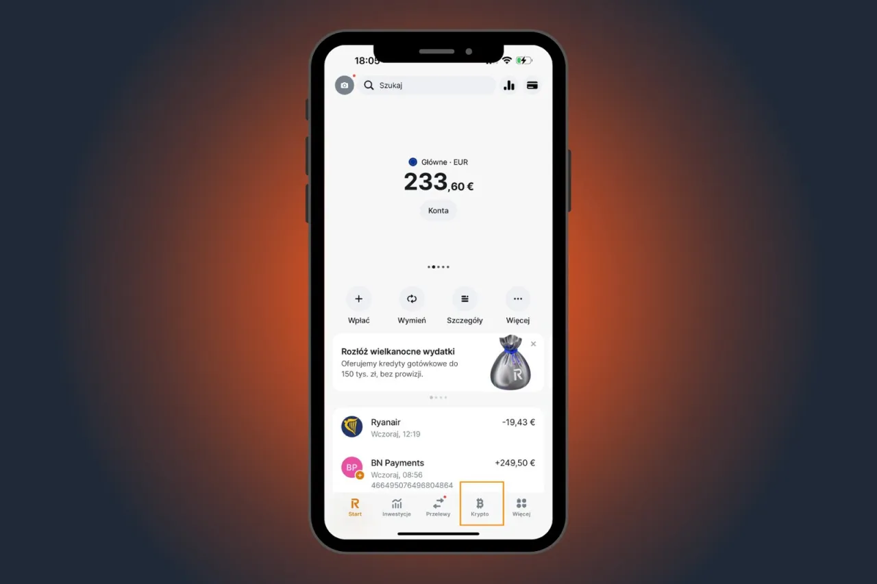 Aplikacja Revolut pokazuje saldo 233,60 EUR. Widoczna jest opcja 
