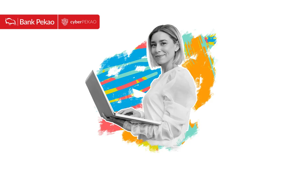 Kobieta z laptopem, logo Bank Pekao. Dowiedz się, jak aktywować kartę Pekao przez internet.