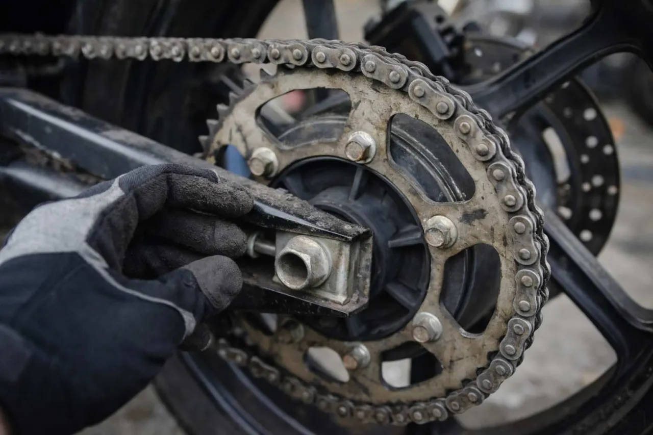 źle zanitowany łańcuch motocyklowy, zużyte zębatki motocyklowe
