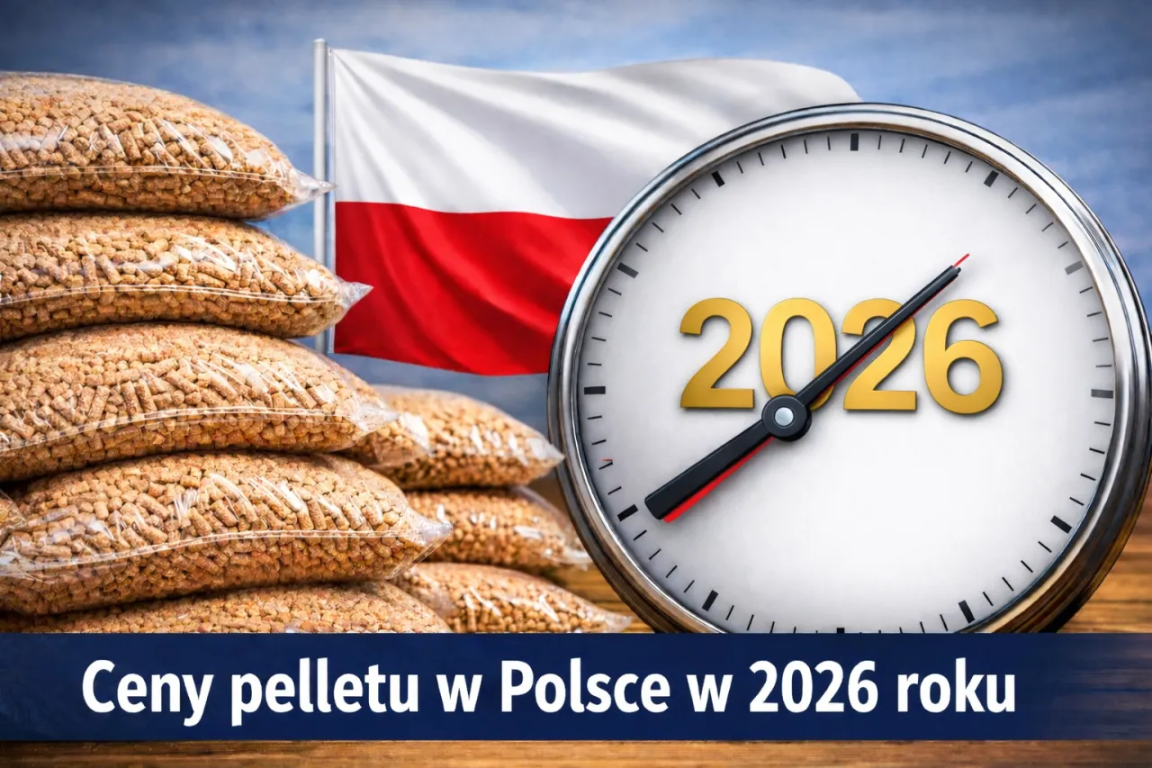 Stos worków pelletu i zegar wskazujący rok 2026. Gdzie jest pellet w Polsce? Ceny pelletu w Polsce w 2026 roku.
