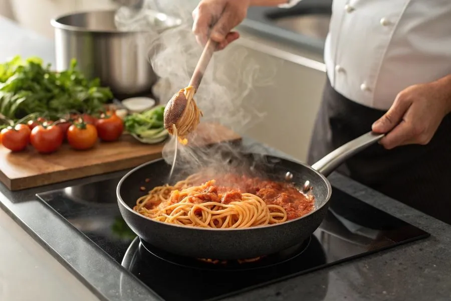 mieszanie makaronu spaghetti z sosem na patelni