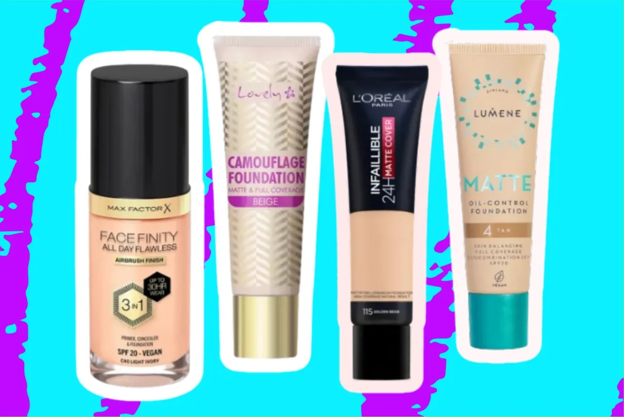 Kobieta z cerą trądzikową nakładająca podkład, zmartwiona