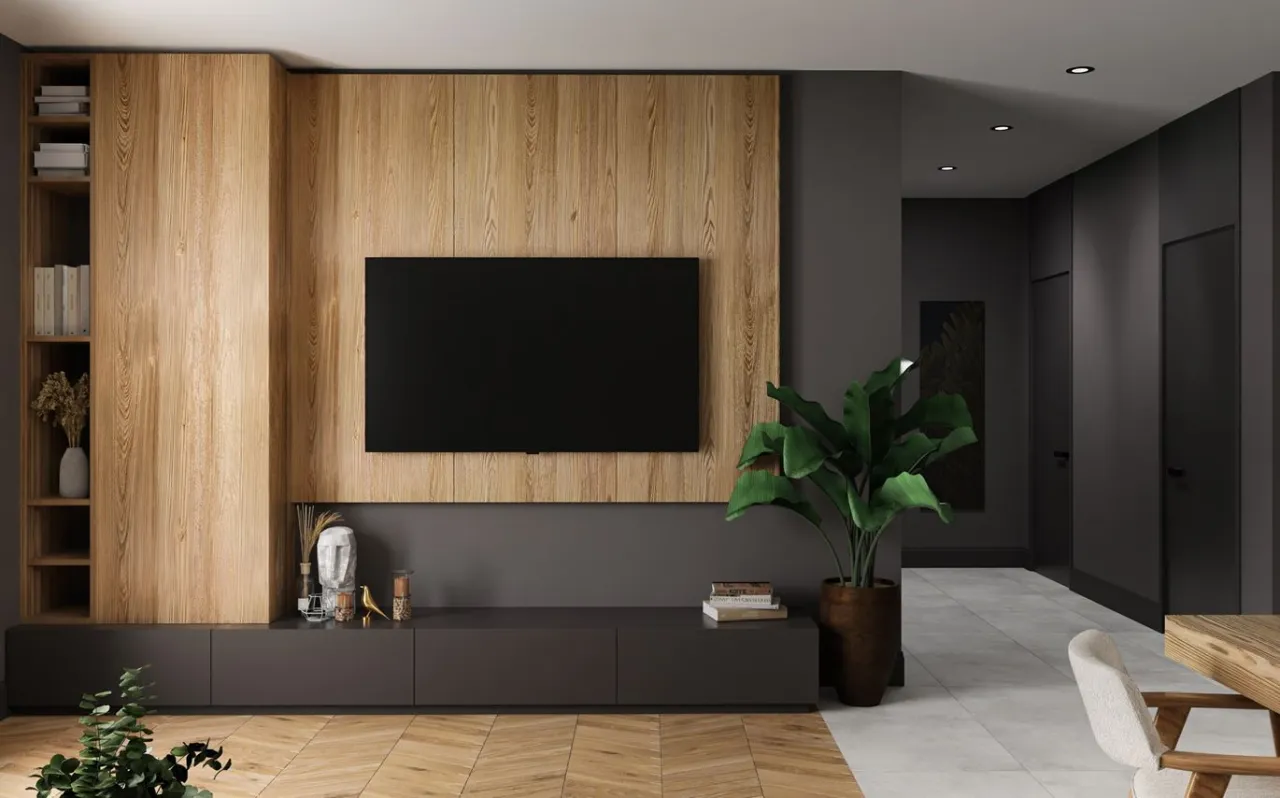 Drewniana zabudowa z półkami i telewizorem. Nad nim można powiesić obrazy lub półki z dekoracjami.