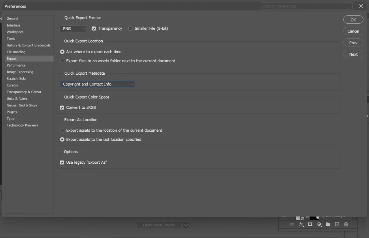 Adobe Photoshop Export As dialog settings