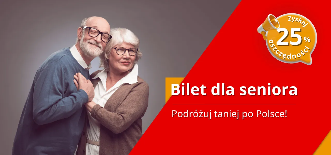 Uśmiechnięta para senior&oacute;w, podr&oacute;żuj taniej po Polsce! Zniżka 25% na bilety PKP dla emeryt&oacute;w.