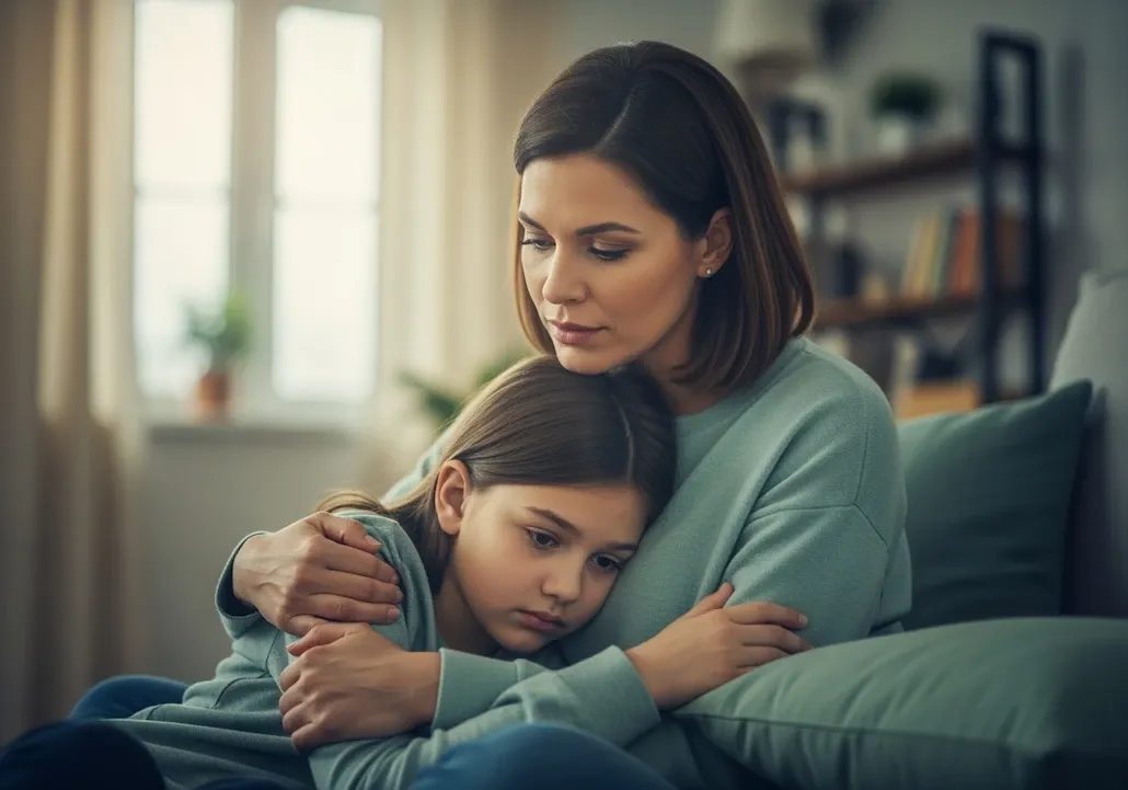 dziecko zamyślone, smutne, wspierający rodzic