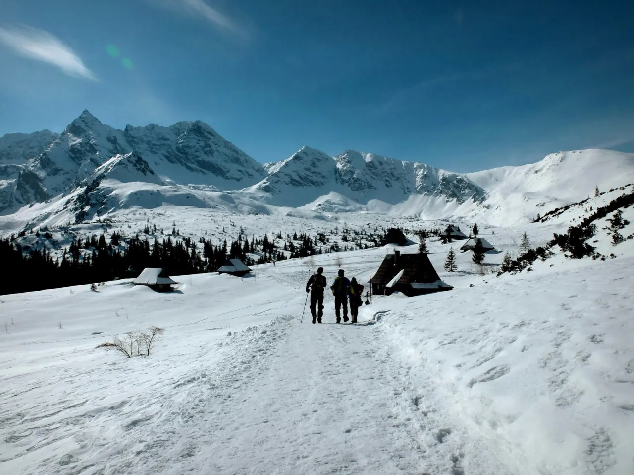 Trzej turyści idą zimowym szlakiem w Tatrach. W oddali widać ośnieżone szczyty i górskie chatki.