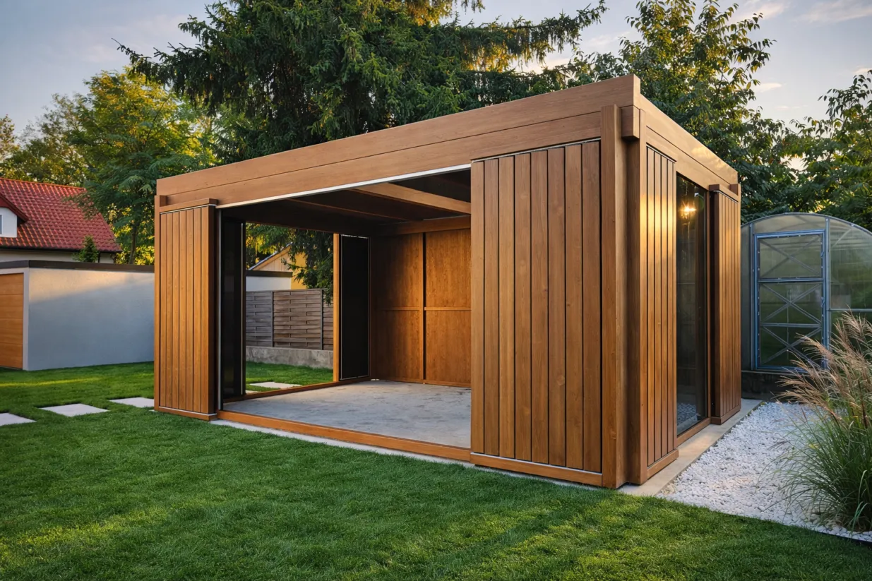 Nowoczesna altana ogrodowa z drewnianymi panelami, idealna do stworzenia zacisznego miejsca. Dowiedz się, jak zabudować ściany altany, by cieszyć się prywatnością.