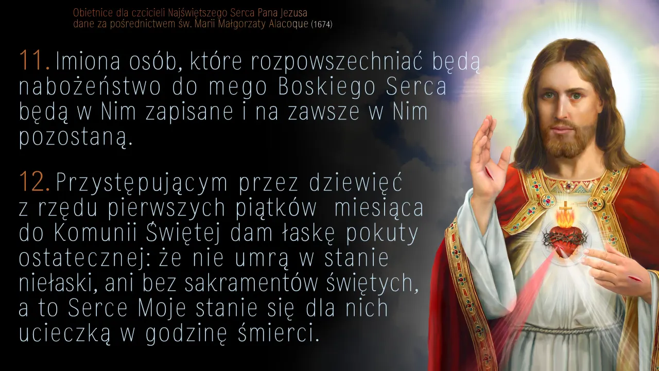 Obietnice dla czcicieli Najświętszego Serca Jezusa. Wizerunek Jezusa z gorejącym Sercem, obok tekst obietnic.
