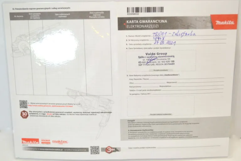 karta gwarancyjna makita przykład