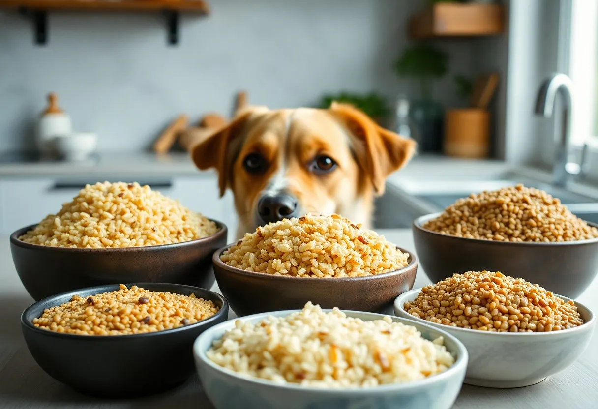 pies z miską jedzenia i kaszą gryczaną