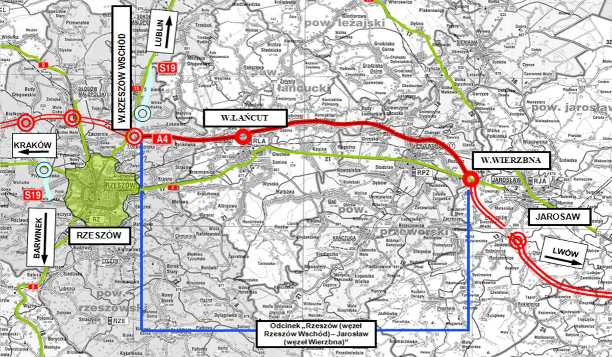 Mapa trasy Rzesz&oacute;w Krak&oacute;w autostrada A4