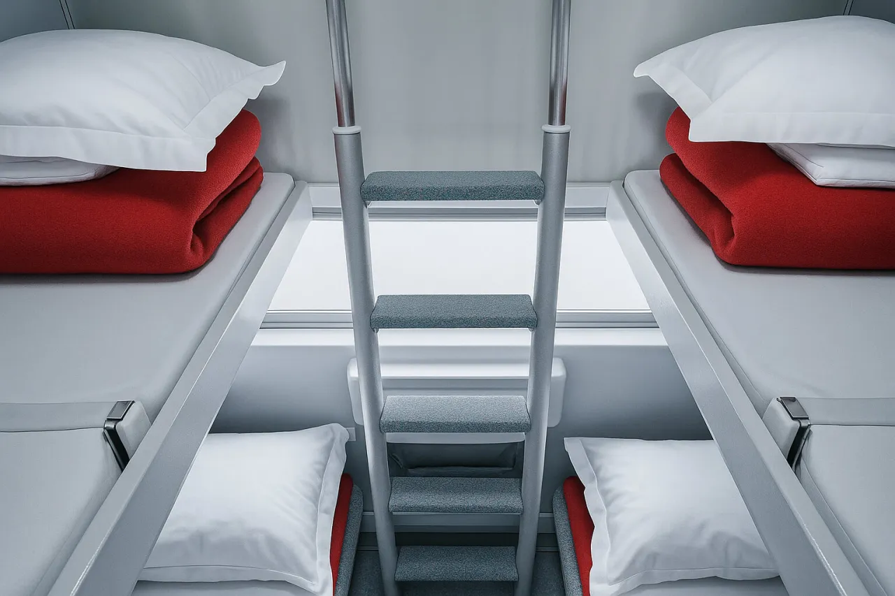Wagon sypialny z dwoma piętrowymi łóżkami, czerwonymi kocami i białymi poduszkami. Zastanawiasz się, ile kosztuje wagon sypialny?