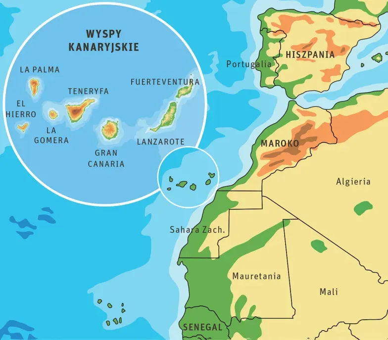 Mapa Wysp Kanaryjskich na tle Europy i Afryki