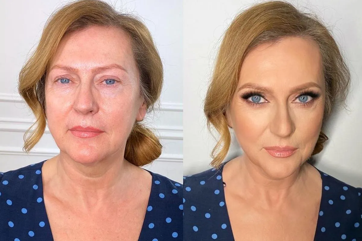 makijaż cery dojrzałej przed i po, podkład dla kobiet po 40