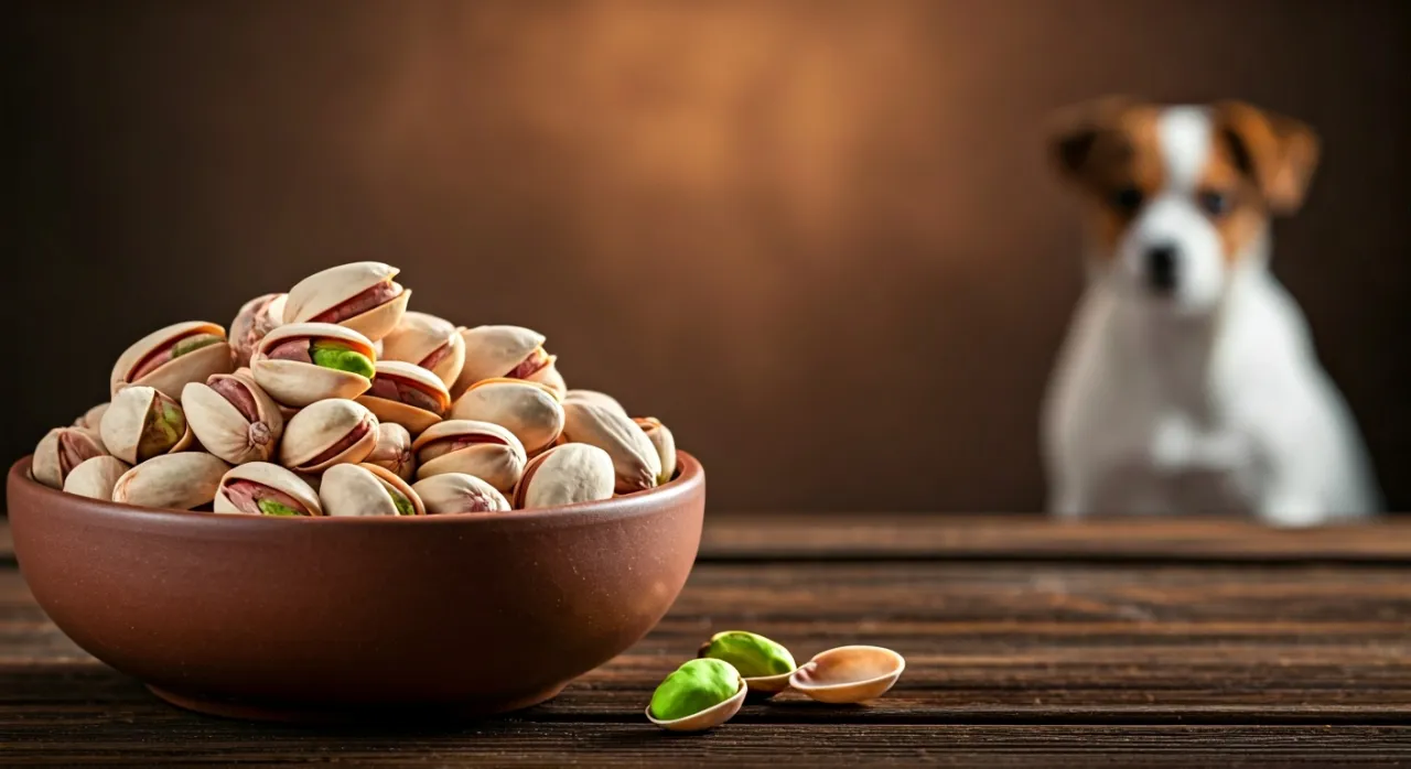 pies i miska pistacji z ostrzeżeniem