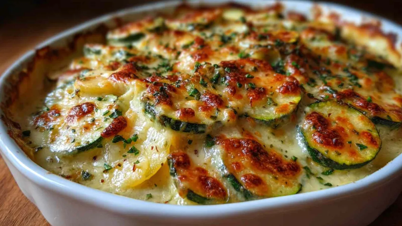 Zapiekanka z cukinii na obiad zamiast ziemniaków, z ciągnącym się serem i ziołami. Pyszna i lekka alternatywa.