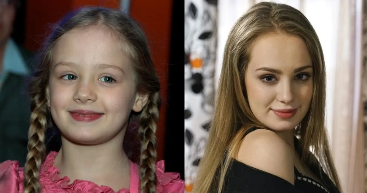 Porównanie: Viktoria Gąsiewska jako dziecko z warkoczami i jako młoda kobieta w czarnej sukience.