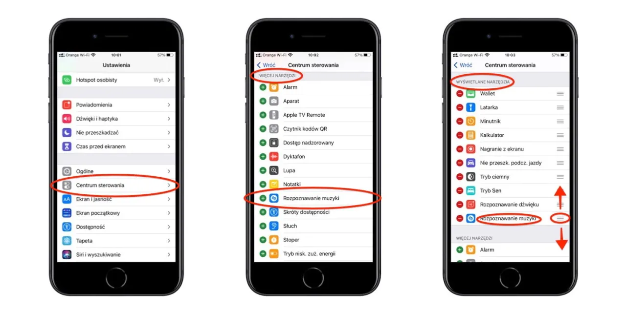 iPhone Centrum sterowania z dodanym skr&oacute;tem ogłaszaj powiadomienia