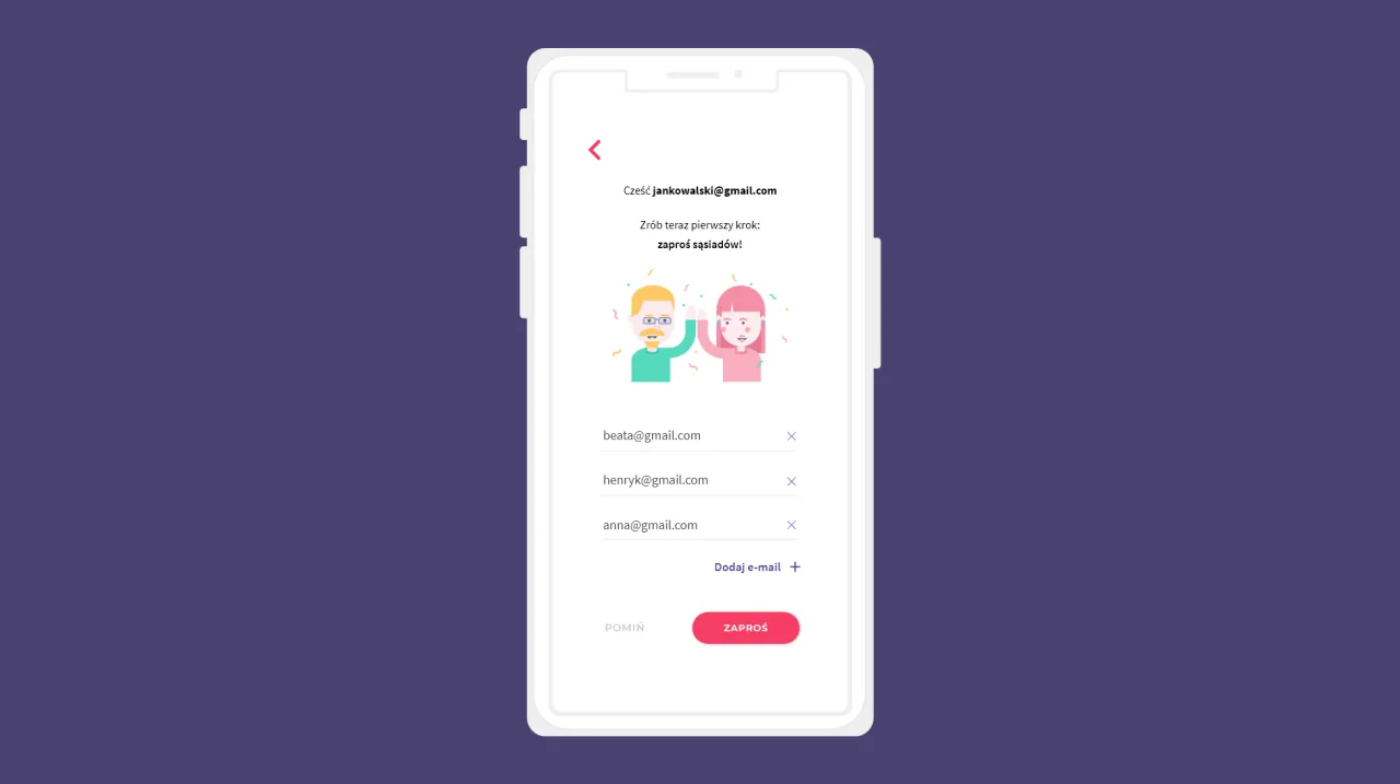 Aplikacja zaprasza do dodania znajomych. Widzimy listę adres&oacute;w e-mail i przycisk 