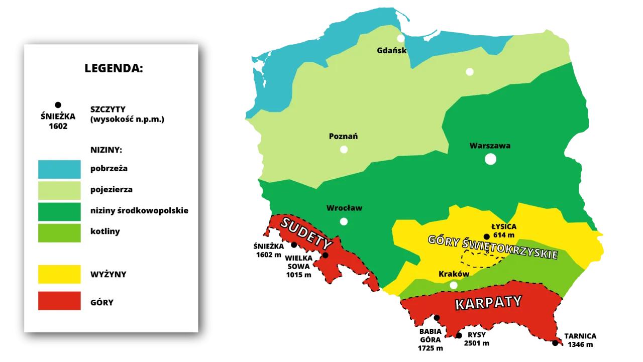 Mapa Polski z zaznaczonymi pasmami górskimi