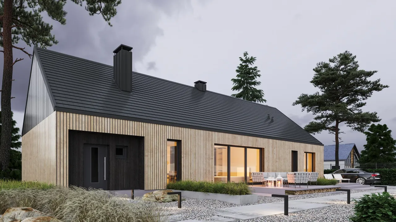 dom nowoczesna stodoła antracyt i drewno