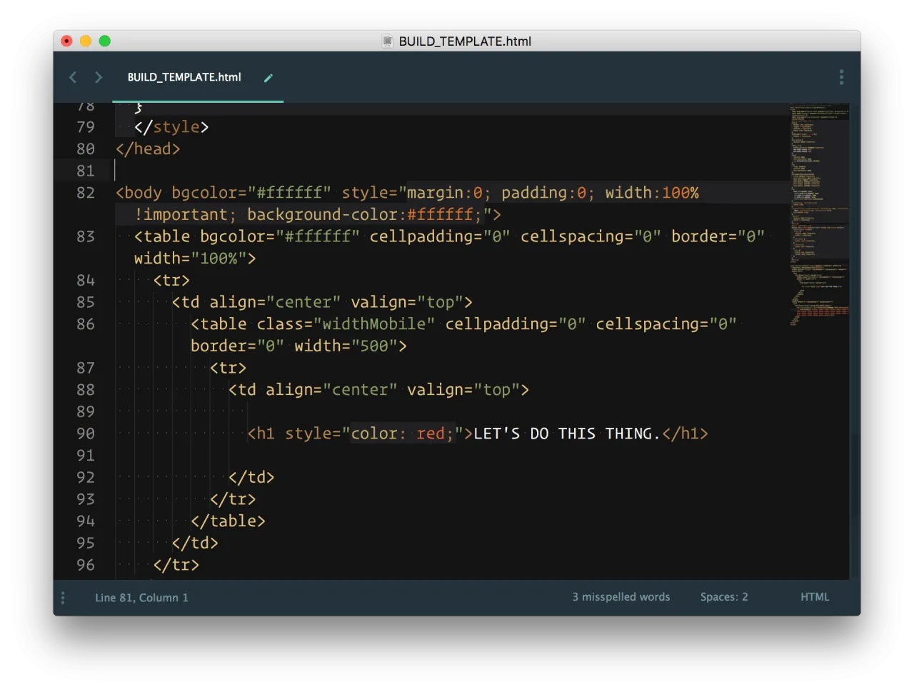 Kod HTML do stworzenia maila, w tym tagi body, table i h1. Pokazuje, jak zrobić maila w HTML.