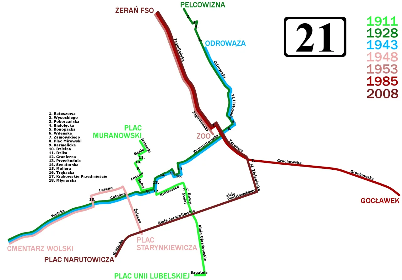 Mapa trasy tramwaju 21 Warszawa