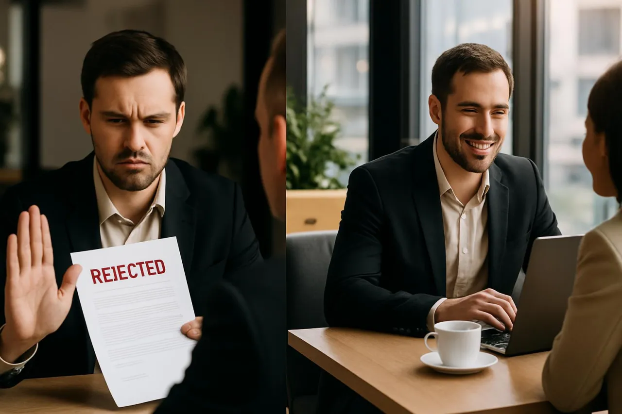 Smutny mężczyzna z odrzuconym wnioskiem vs. uśmiechnięty przy kawie. Szukasz banku, kt&oacute;ry nie patrzy na zapytania w BIK?