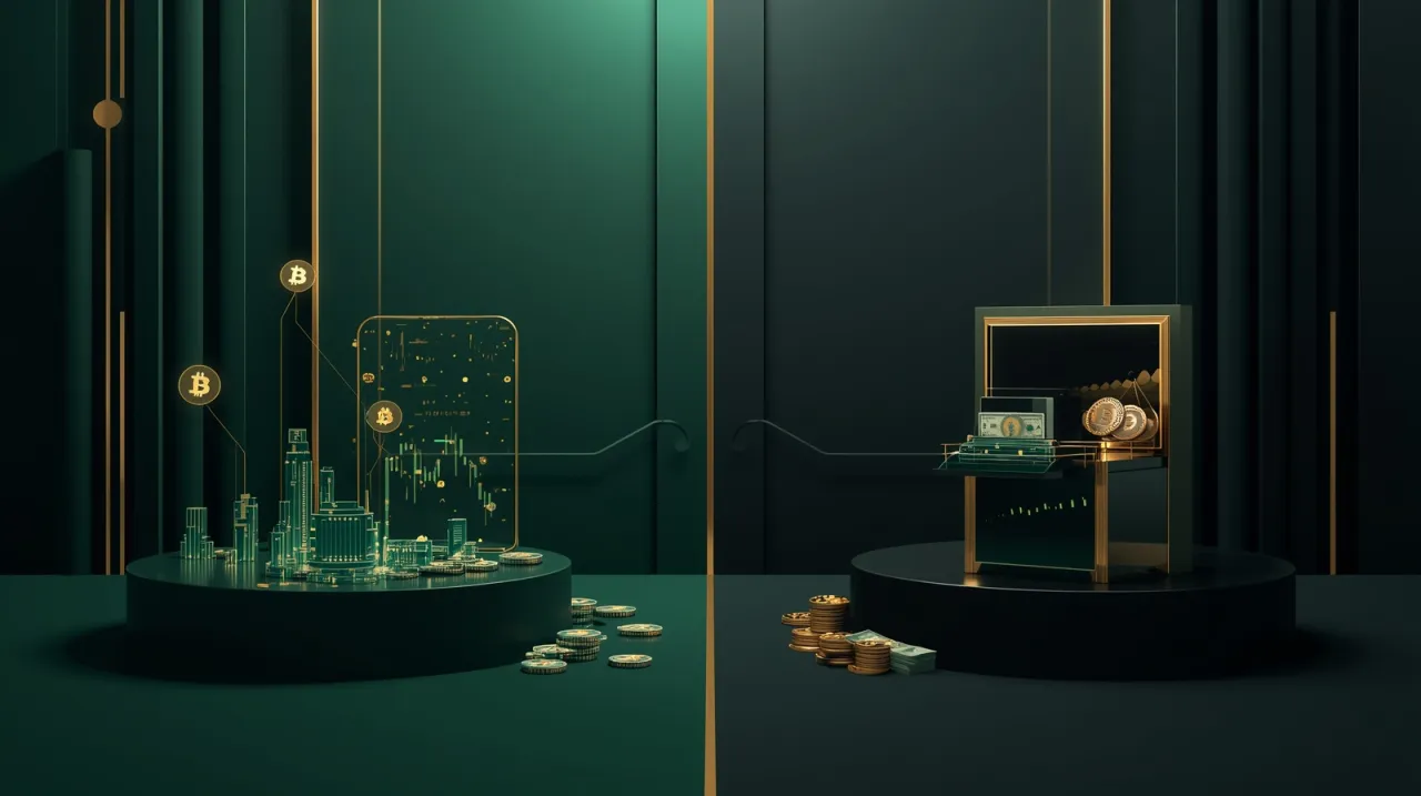 Złote monety i wykresy na ekranie telefonu symbolizują inwestycje. Dowiedz się, gdzie kupić kryptowaluty i zacznij budować sw&oacute;j cyfrowy portfel.