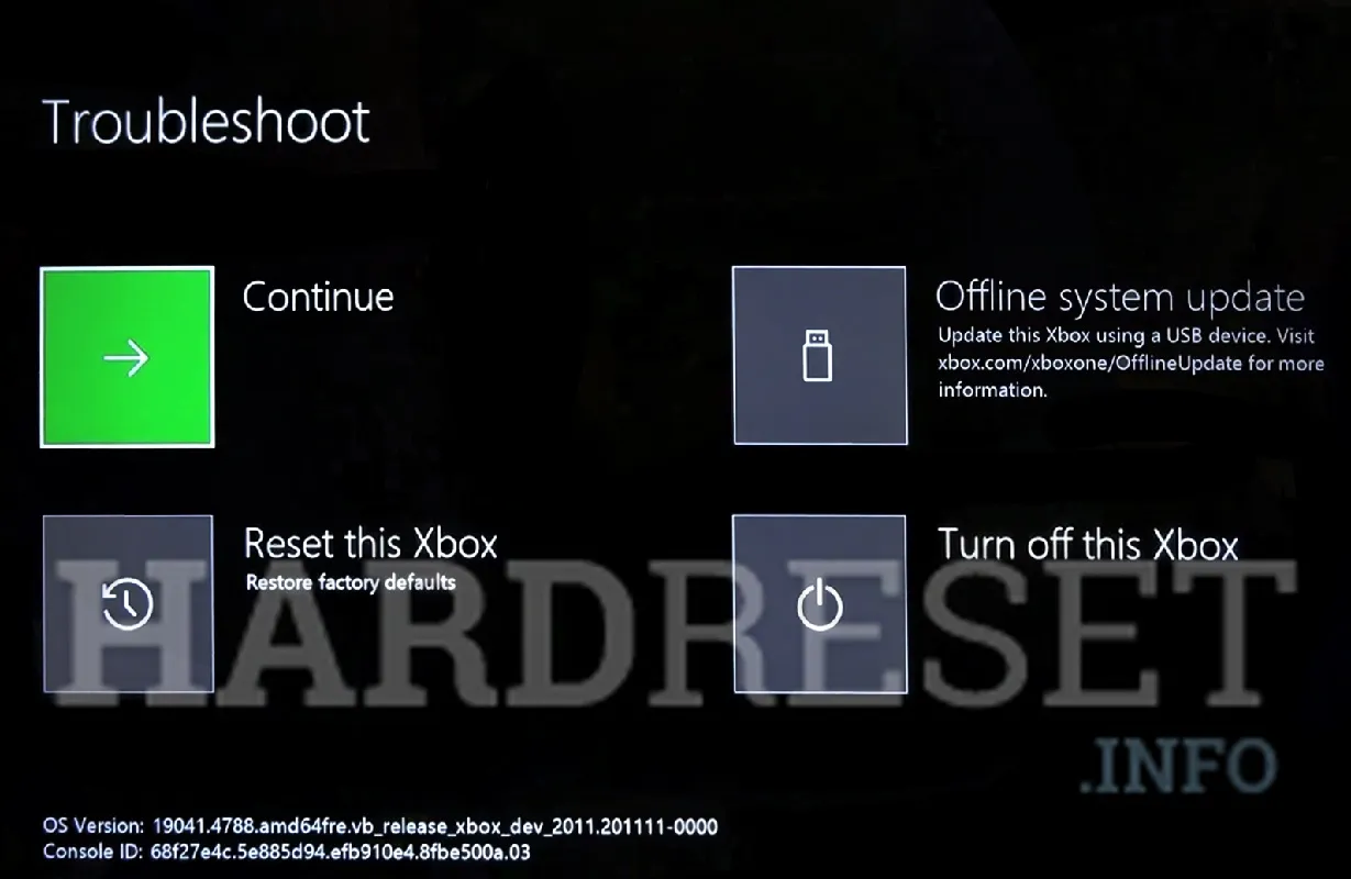 Menu ustawień Xbox reset