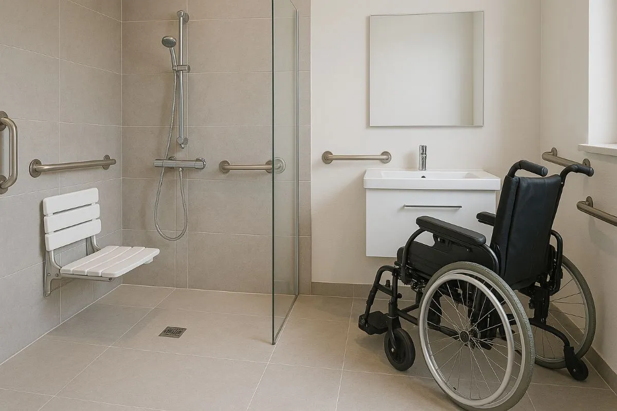 Łazienka przystosowana dla osób z niepełnosprawnościami: prysznic z siedziskiem, uchwyty, umywalka i wózek inwalidzki. Czy lokal socjalny musi mieć łazienkę? Tak, by zapewnić godność.