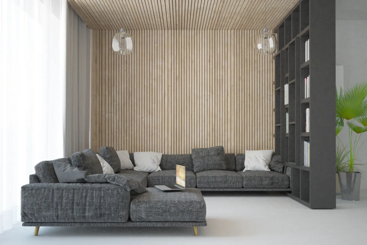 ażurowy regał jako ścianka działowa, lamele oddzielające strefy, parawan w salonie, szklana śiana biuro w salonie