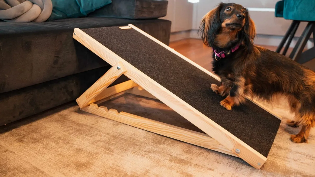 Jamnik korzystający z rampy dla psa