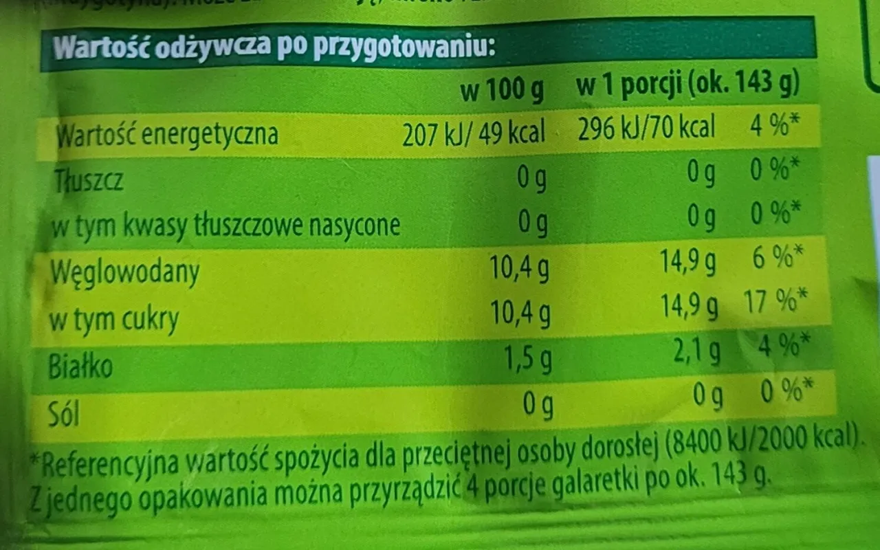 Tabela wartości odżywczych na opakowaniu galaretki