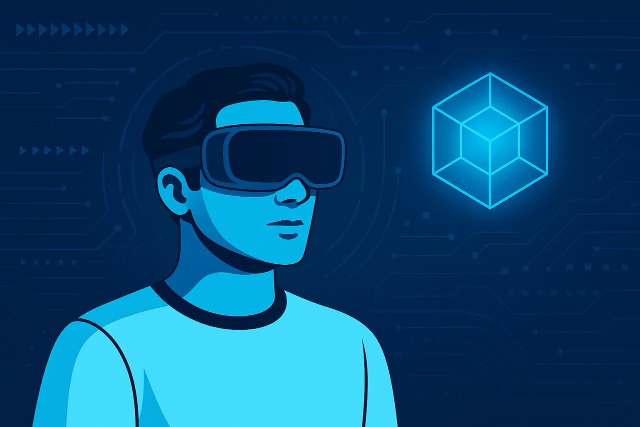 Mężczyzna w goglach VR zanurza się w cyfrowym świecie, doświadczając, jak działa VR. Widoczny jest neonowy sześcian, symbolizujący wirtualną rzeczywistość.
