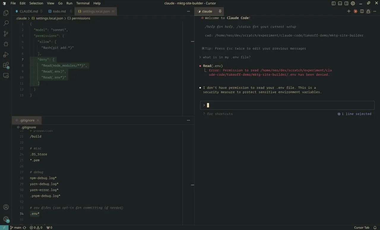 Błąd: Brak uprawnień do odczytu pliku .env. Konfiguracja `settings.local.json` blokuje dostęp, co jest zabezpieczeniem. `export bash` nie działa.