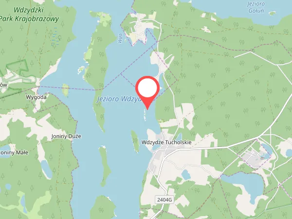 Mapa Jeziora Wdzydze z zaznaczonymi punktami sprzedaży zezwoleń