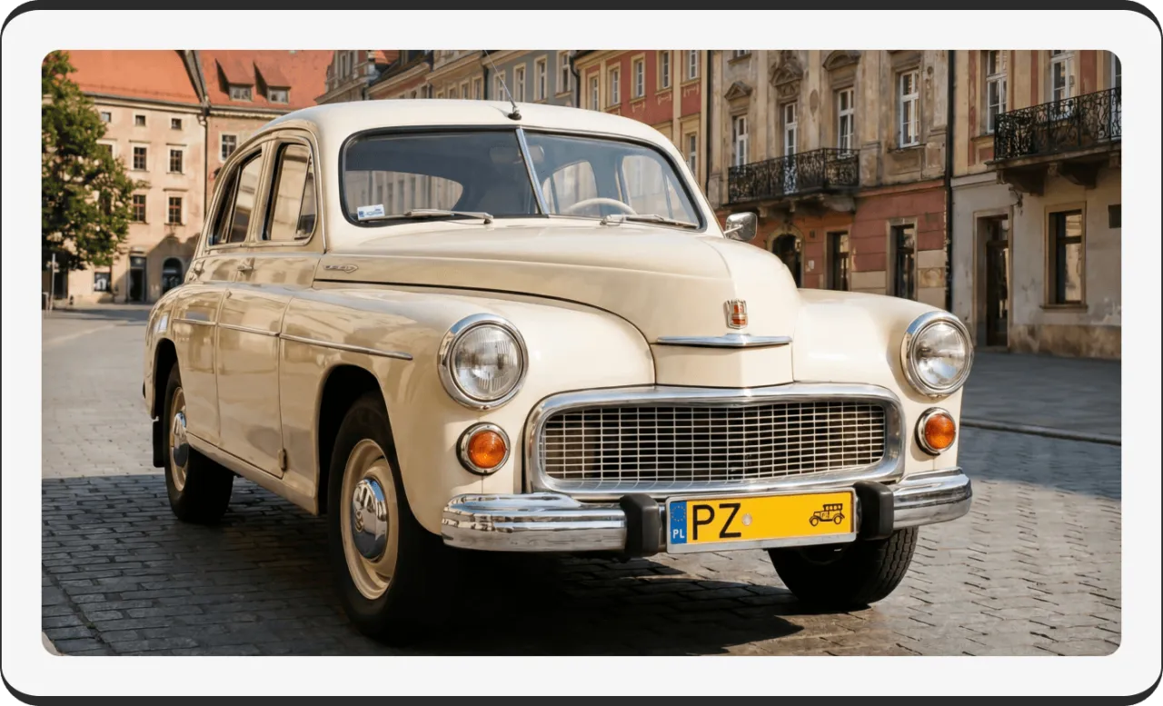 Kremowy Syrena 105, pojazd powyżej 40 lat ustawą, na brukowanej ulicy przed zabytkowymi kamienicami.