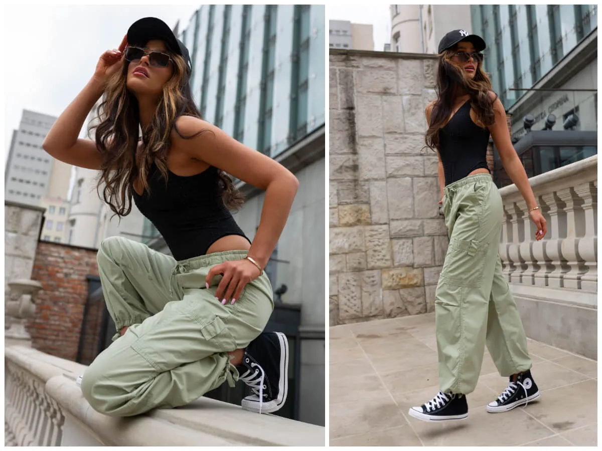 Bershka spodnie cargo stylizacje crop top sneakersy