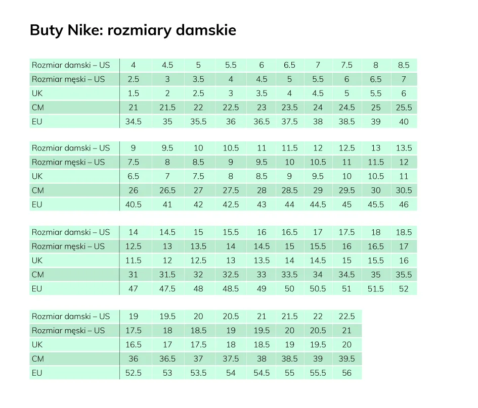 tabela rozmiarów nike adidas puma, obuwie eleganckie vs sportowe