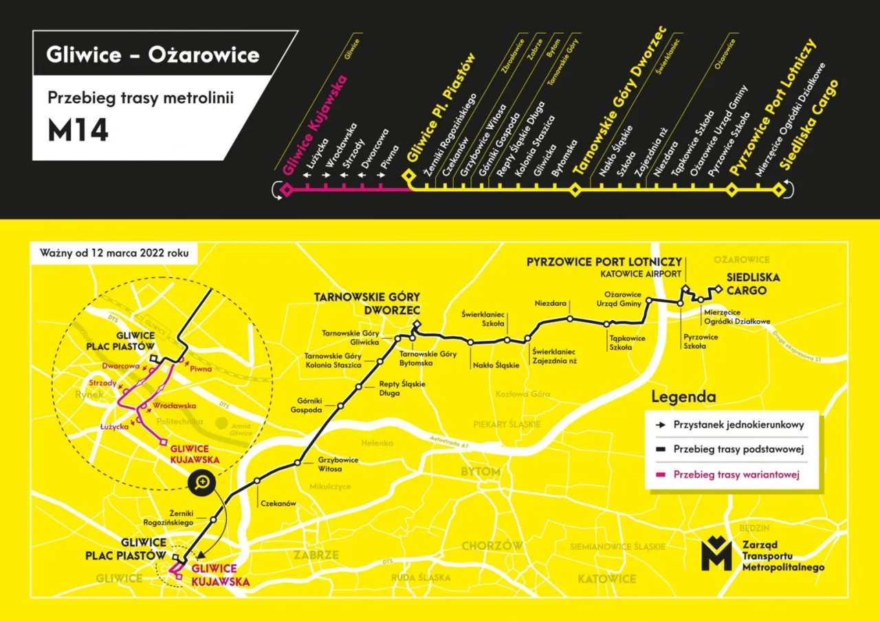 Mapa linii autobusowych ZTM na lotnisko Pyrzowice