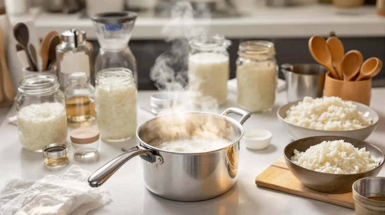 Gotowanie ryżu i składnik&oacute;w do sushi. W garnku bulgocze woda, obok słoiki z ryżem i octem. Jak zrobić ocet ryżowy do sushi?