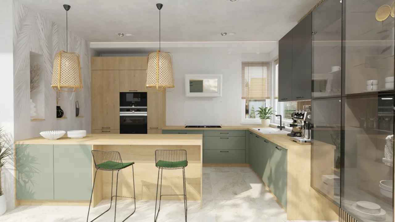 szałwiowa kuchnia drewno złoto