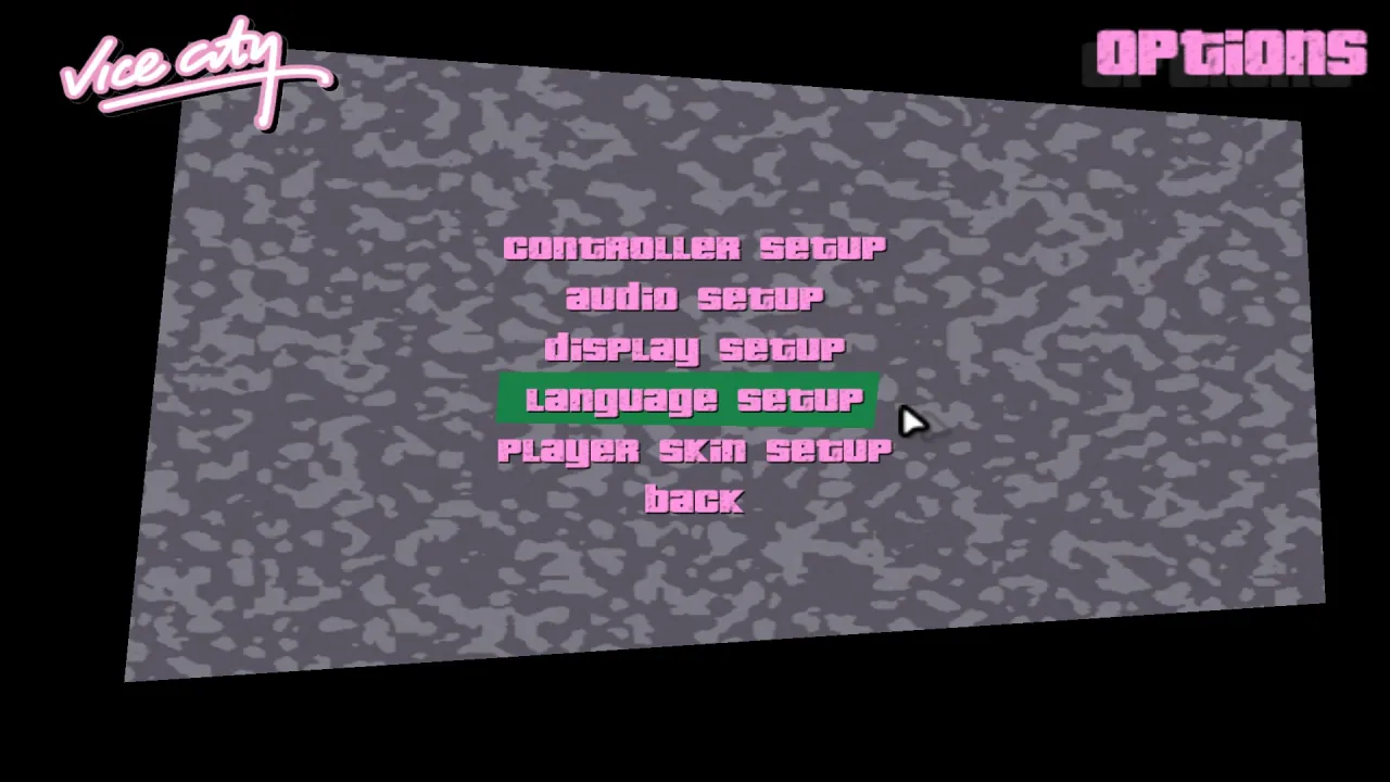 Opcje GTA Vice City: Language setup. Włącz spolszczenie, by cieszyć się grą po polsku.