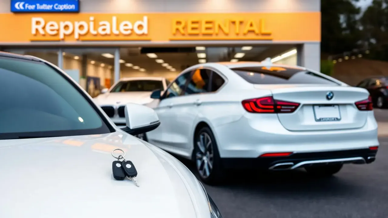 Kluczyki do samochodu zastępczego z serwisu. Dwa białe auta przed budynkiem z napisem 