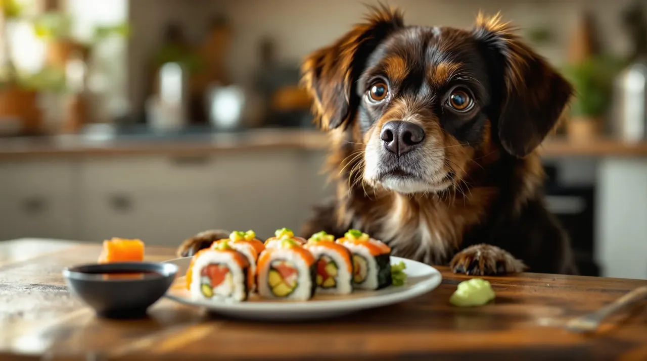 Ciekawski piesek zerka na talerz z sushi, zastanawiając się, czy pies może jeść sushi.